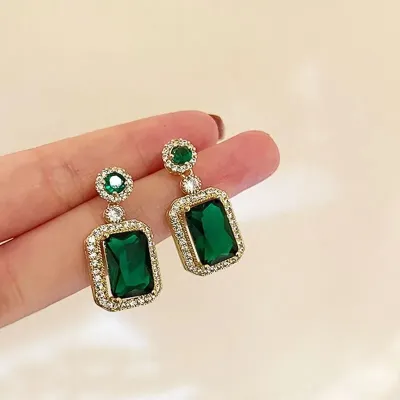 Vintage Green Crystal Square Earrings